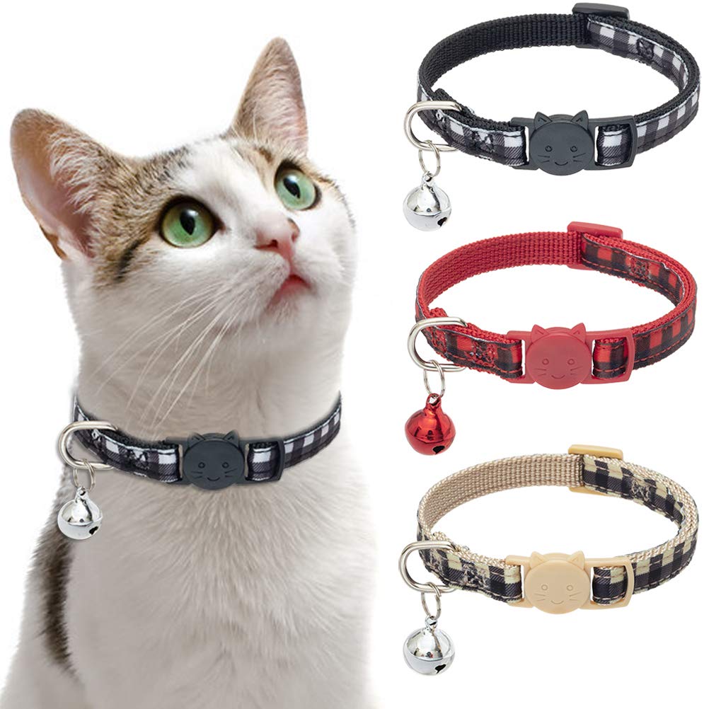 [Australia] - PUPTECK 3 Pack Cat Plaid Collar - Adjustable Breakaway Kitty Collar with Bell, Safety Collar for Puppies, Kitties and Small Pets 