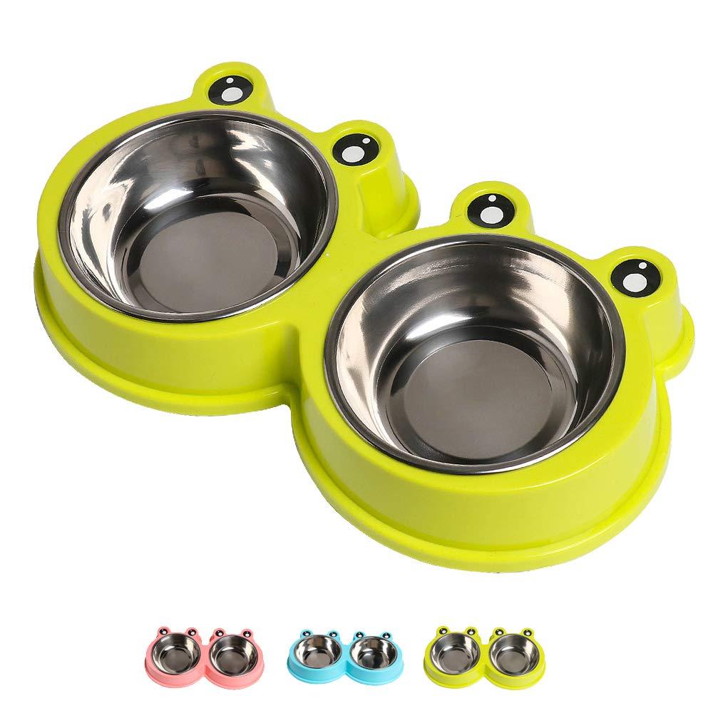 Double Dog Cat Bowls Premium Stainless Steel Pet Bowls with No-Slip Stainless Steel Cute Modeling Pet Food Water for Feeder Dogs Cats Rabbit and Pets 3.Green Tea - PawsPlanet Australia