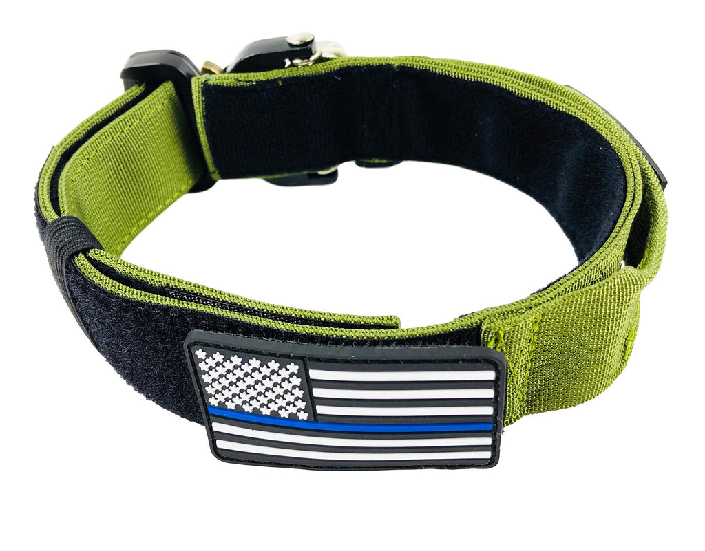[Australia] - ZeusTacK9 Tactical Dog Collar Working K9 Or Pet - 1.5 Inch Wide Nylon Heavy Duty Collars Metal Buckle Quick Release D-Ring USA Flag Patch - Control Handle for Handling Training Dogs MED GRN 
