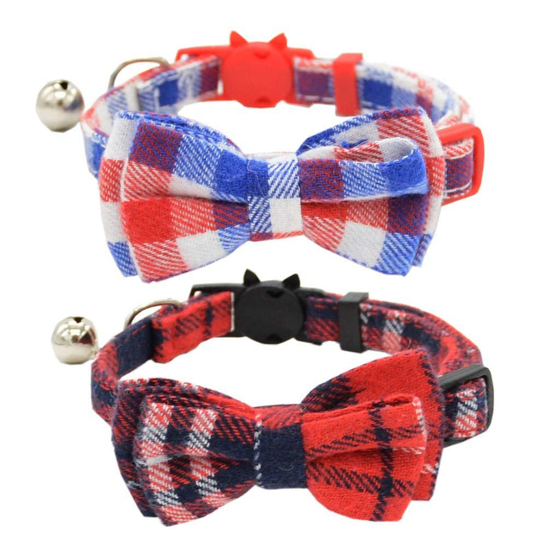 [Australia] - 2 PCS Breakaway Cat Collar with Bowtie and Bell, Safety Buckle Plaid Pattern for Kitten Puppy 