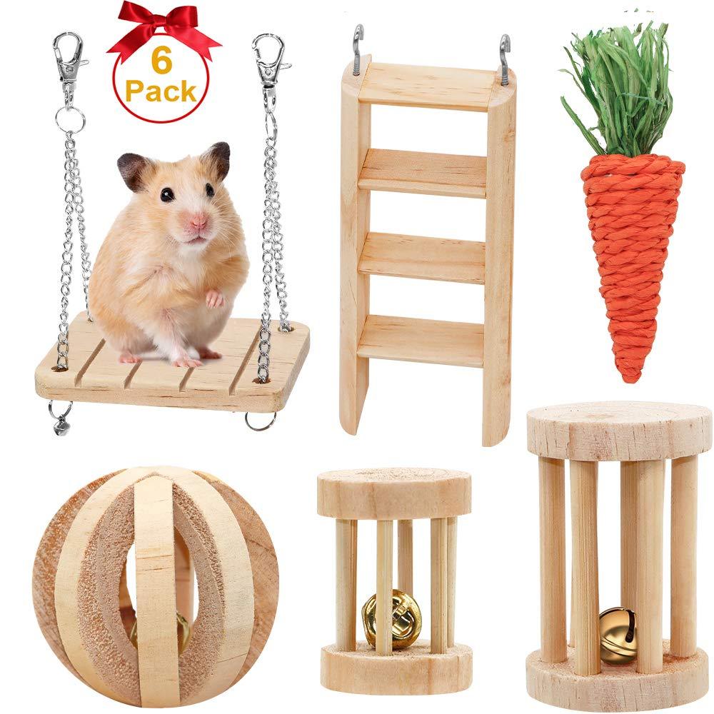 FASTER Hamster Chew Toys, 6 Pack Gerbil Rat Guinea Pig Chinchilla Wooden Pet Exercise Toys, Syrian Dwarf Natural Wooden Dumbbells Exercise Bell Roller Teeth Care Molar Toy for Rabbits Bird Bunny 6 Pack Hamster Toys - PawsPlanet Australia