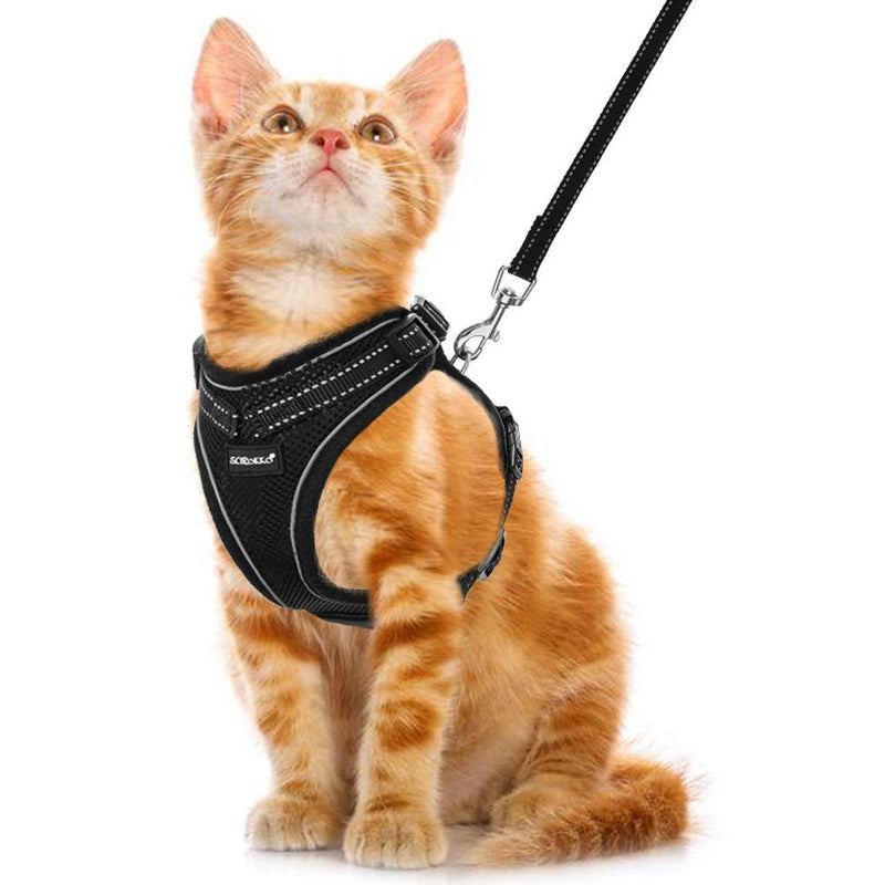 [Australia] - SCIROKKO Cat Harness and Leash Set - Reflective Adjustable Cat Harness for Outdoor Walking with Escape Proof Buckle, Soft Mesh Walking Jacket for Kitten, Puppies Cool Black 