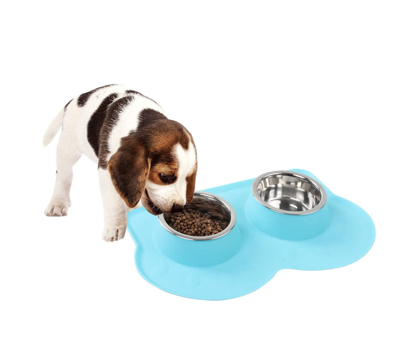 [Australia] - Pet Food and Water Bowls with 2 Stainless Steel Bowl & No Spill Non-Skid Silicone Mat Dog Double Feeding Bowl (350ml x 2) Blue 