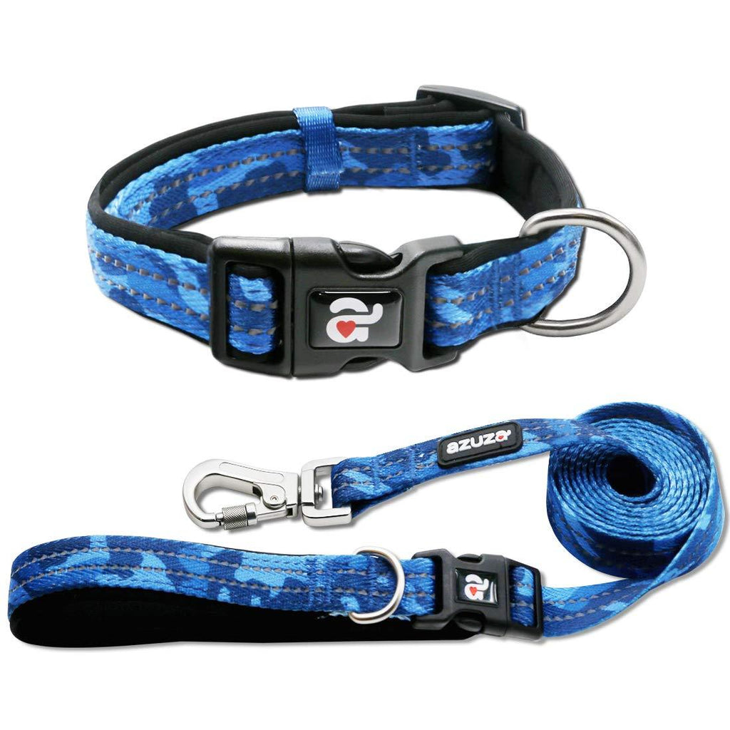 [Australia] - azuza Reflective Dog Collar and Leash Set, Blue Camo Padded Collar with Matching Clip Handle Leash for Small Medium and Large Dogs S (Neck: 11"-16") 