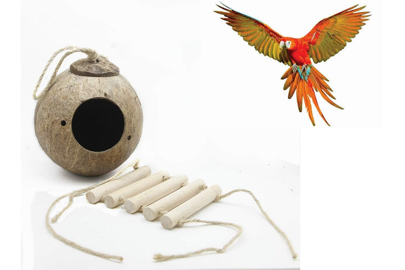 [Australia] - ODDIER Pure Natural Coconut Shell Nest with Wooden Ladder Bird Toy 