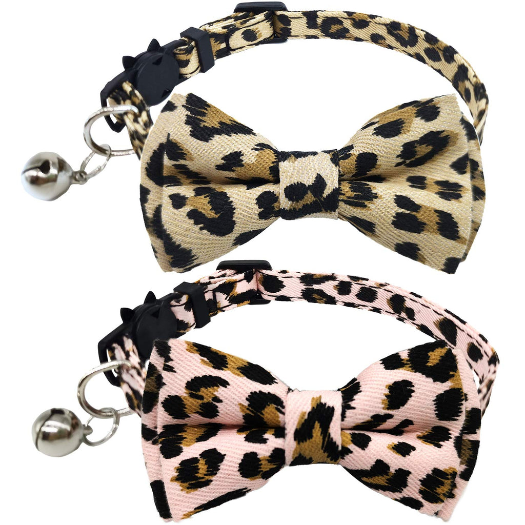 [Australia] - KUDES 2 Pack/Set Cat Collar Breakaway with Cute Bow Tie and Bell for Kitty and Other Small Dogs Pets, Adjustable from 7.8-10.5 Inch Pink Leopard+Brown Leopard 