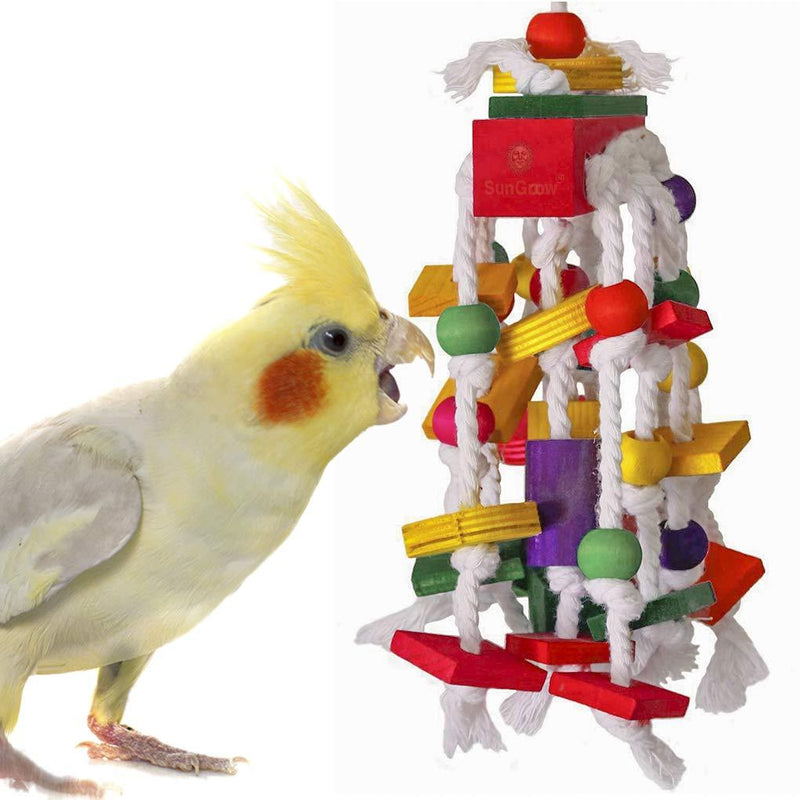 [Australia] - SunGrow Bird Toy, Wooden Blocks & Cotton Rope Knots, Edible Wooden Blocks has Food-Grade Color Dye, 1 Pc per Pack 