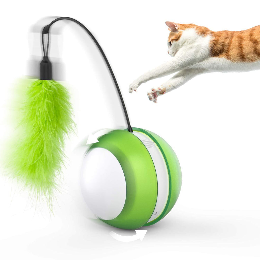 [Australia] - Feltom Cat Interactive Toys Electronic Cat Ball with LED Light and Feather, 360 Degree Automatic Self Rolling Ball Kitten Toys Entertainment Hunting Exercise, Large Capacity Battery Green 