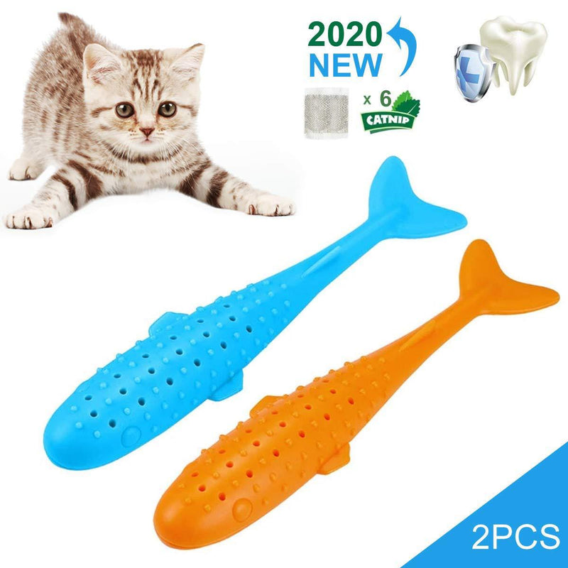 [Australia] - JUNMAO New Generation Catnip Toys for Cat, 2 Pack Fish Shape Kitten Toys with 6 Catnip Bags Simulation Fish Silicone Teeth Cleaning Chew Pet Supplies for Cats -Blue and Orange 2pcs 