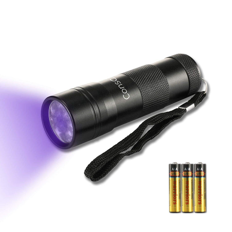 [Australia] - Consciot UV Flashlight 12 LED Black Light 395nm Ultra Violet Blacklight Detector Torch Light for Dog Urine, Pet Stains, Bed Bug with 3 AAA Batteries UV-12 LED 