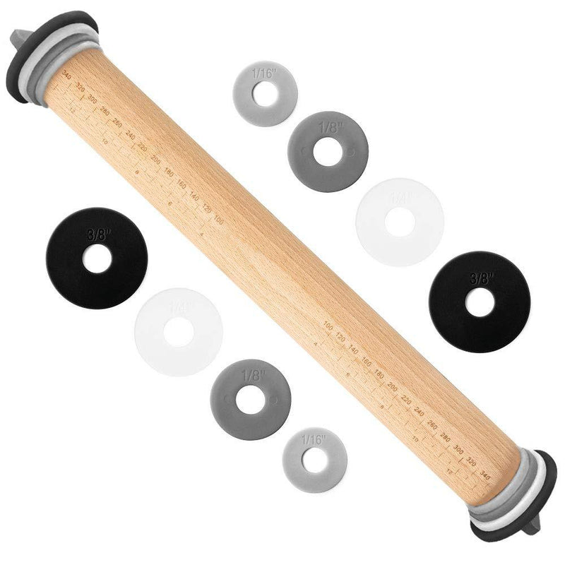 Gorilla Grip Premium Rolling Pin, Adjustable Dough Roller Solid Beechwood, Removable Thickness Rings to Measure Doughs Professional Home Kitchen Baking Utensil, Pizza Pies, Black Gray White Light Gray Black, Gray, White, Light Gray 1 - PawsPlanet Australia
