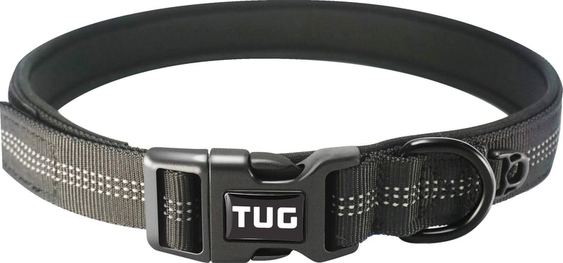 [Australia] - TUG Dog Collar, Reflective, Heavy Duty and Soft Neoprene Padded Collar with Cushion, Extra Comfort for Energetic Dogs, Separate Clip for ID Attachment Large Black 