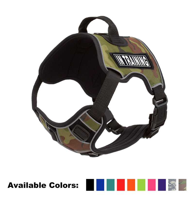 [Australia] - Dogline Quest No-Pull Dog Harness with 3D Rubber in Training Removable Patches Reflective Soft Comfortable Dog Vest with Quick Release Dual Buckles Black Hardware and Handle Girth 21" to 25" Green Camo 