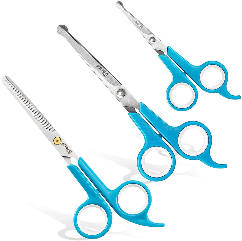 BOSHEL Dog Grooming Scissors Set - 3 Dog Grooming Shears - Safe Rounded Tips - 1 Large Straight Dog Scissors - 1 Micro-serrated Scissors For Trimming Face, Ear, Nose & Paws & 1 Dog Thinning Shears - PawsPlanet Australia