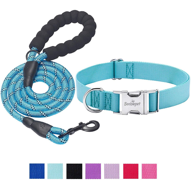 [Australia] - beebiepet Classic Dog Collar with Strong Metal Buckle Adjustable Dog Collars for Small Medium Large Dogs collar+leash S neck 11"-14" Turquoise 
