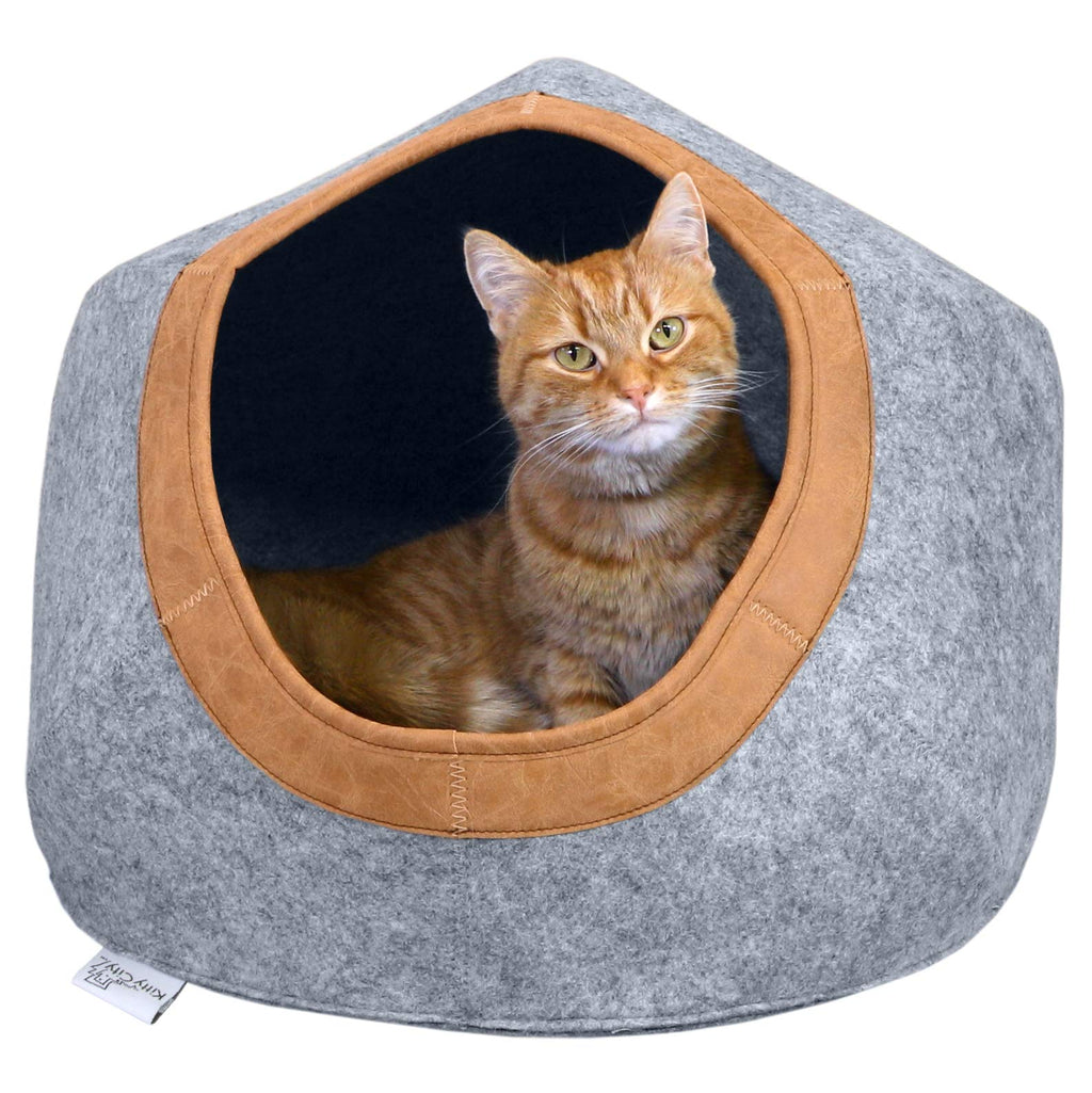 [Australia] - Kitty City Large Faux Leather Trimmed Felt Cat Cave, Cotton Rope Woven Cat Bed, Warm and Cozy cat Bed Felt Cave 