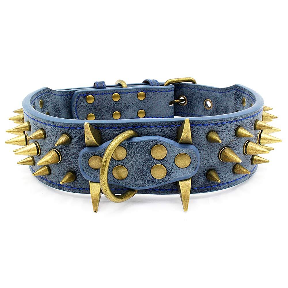 [Australia] - UVONOKAY Sharp Spiked Studded Dog Collar - Stylish Leather Dog Collars - Fit Medium & Large Dogs S(15.4"-20" total 22") Blue 