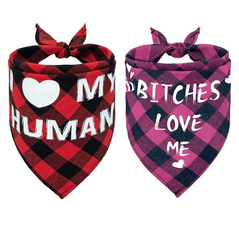 PUPTECK Dog Bandana - 2 Pack Sweet Plaid Triangle Bibs Scarf Accessories for Dogs Cats Pets, I Love My Human, Super Soft Scarf, Red and Pink - PawsPlanet Australia