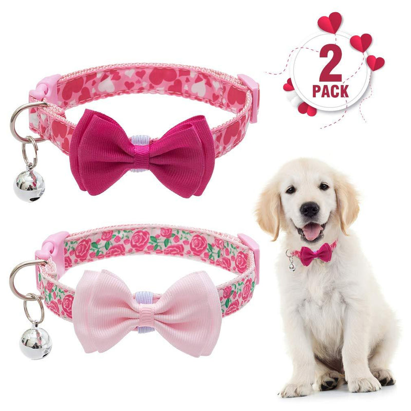 [Australia] - PUPTECK Dog Collar with Bell - Adjustable Cute Puppy Collar with Removable Bowtie - Romatic Heart and Rose PatternDesign, Sweet Gift for Small Dogs Cats Pets 