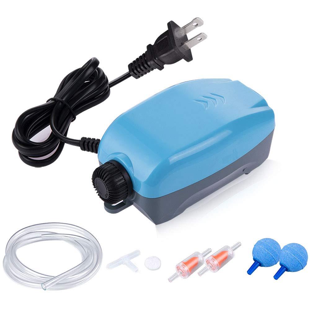 HITOP Dual Outlets Aquarium Air Pump, Whisper Adjustable Fish Tank Aerator, Quiet Oxygen Pump with Accessories for 20 to 100 Gallon (2 outlets - Blue) - PawsPlanet Australia