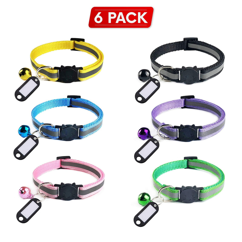 [Australia] - Elanz 6 Pack Reflective Breakaway Cat Collar with Bell & ID Tag – Adjustable, Super Soft, Durable Nylon Cat Collars – Multicolor with Safety Buckles & Weatherproof ID Tags for Kittens & Cats 