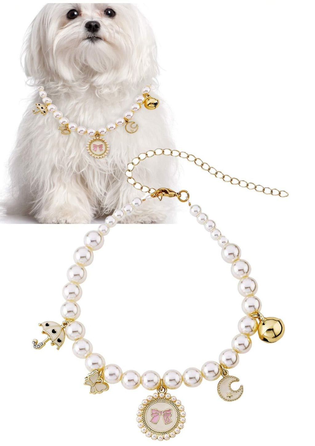 [Australia] - Pearl and Whimsical Charms Pet Necklace - 28 cm with 10 cm Extender - Small Accessory Fits Chihuahua, Yorkie, Mini Breeds - Cute Pet Jewelry and Accessories - by Posh Petz 