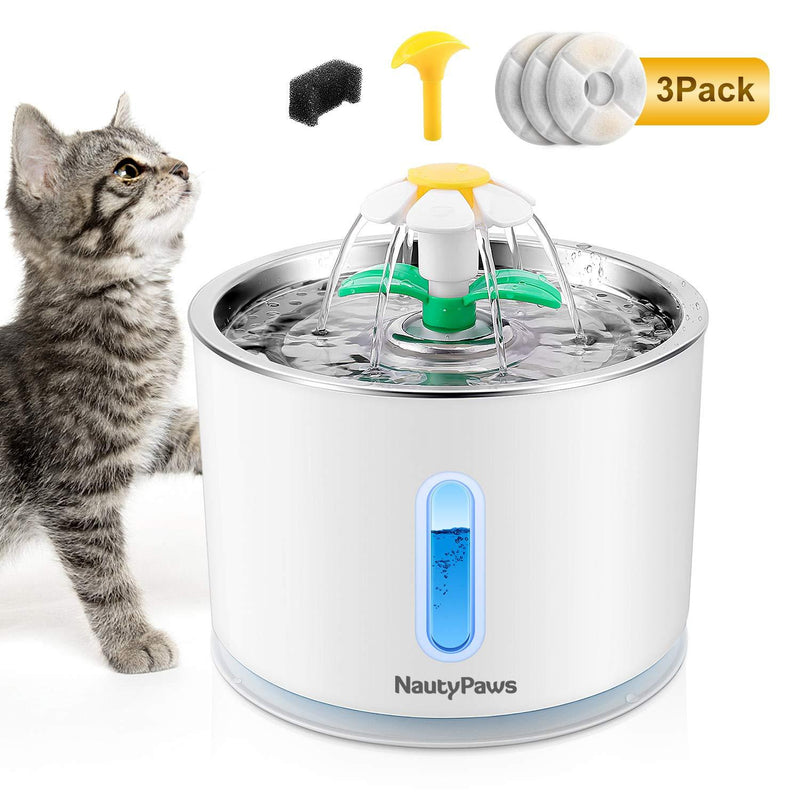 [Australia] - NautyPaws Cat Water Fountain Stainless Steel, Automatic Dog Water Dispenser 81oz/2.4L Pet Fountain with 3 Replacement Filters, Water Level Window with LED Light 