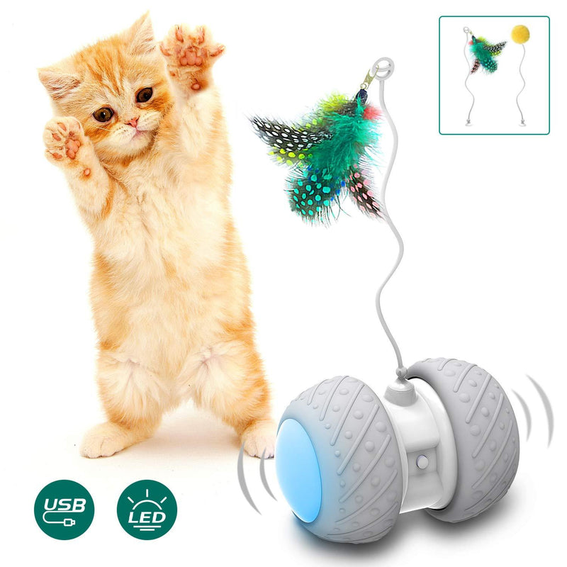 [Australia] - Comgoo Interactive Cat Toys, Automatic Irregular Feathers Birds Mouse Toys for Indoor Cats, LED Light Ball Toys for Kitten Cats, Robotic Cat Toys with USB Charging 360 Degree Self Rotating Ball Toy 