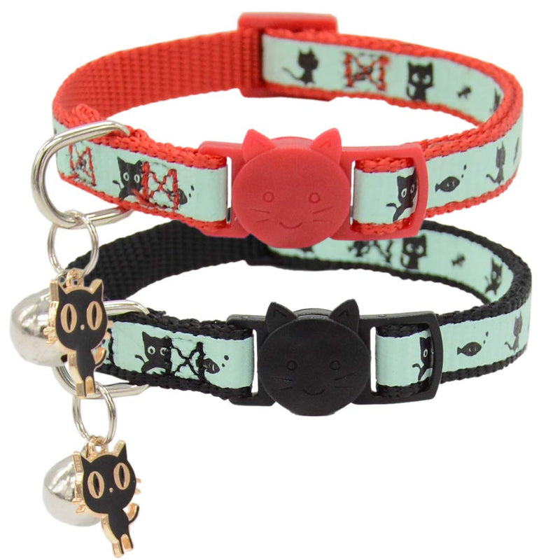 [Australia] - Barleygoo 2 Pack Glow in The Dark Cat Collar with Bell Breakaway Safety Cat Puppy Collars with Pendant Black & Red 