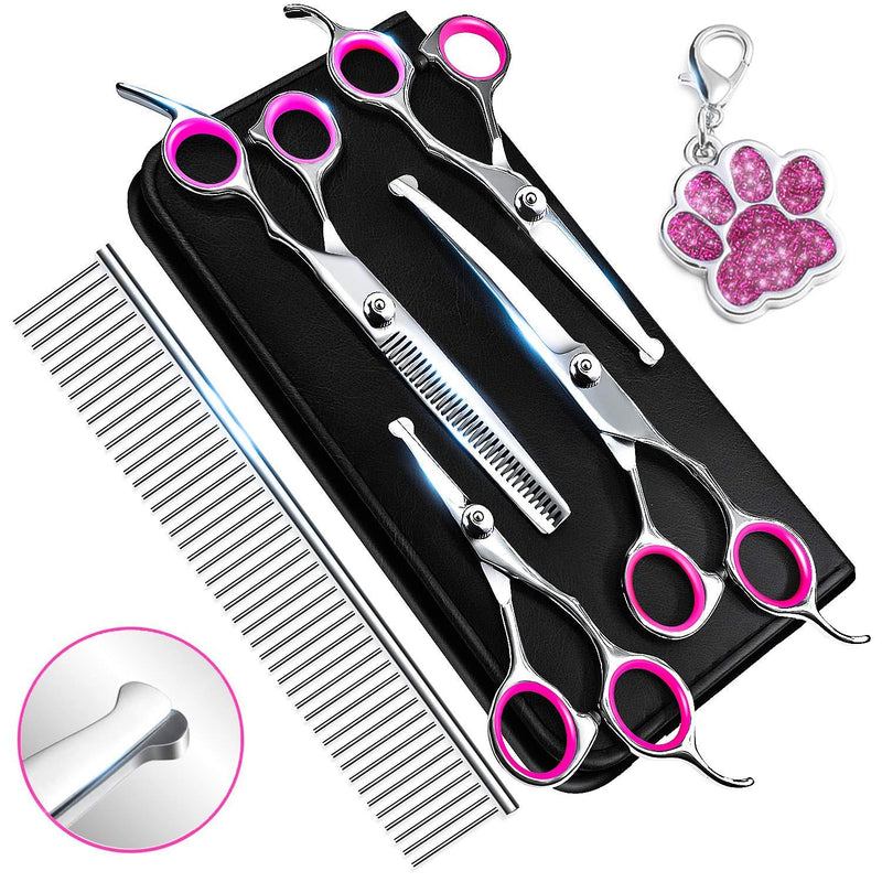 [Australia] - 6CR Stainless Steel Dog Grooming Scissors Kit with Safety Round Tip, Heavy Duty Titanium Pet Grooming Trimmer Kit - Thinning, Straight, Curved Shears and Comb for Long Short Hair for Cat Pet 