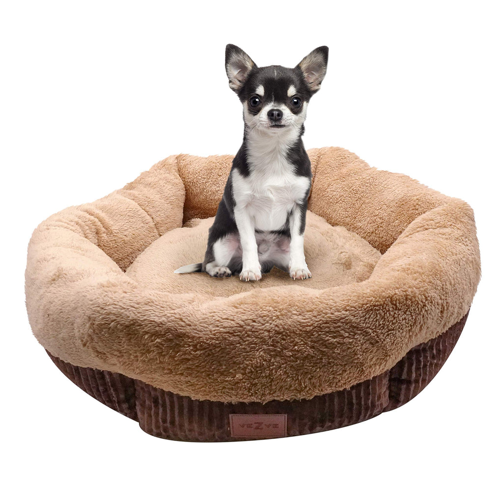 [Australia] - veZve Round Warming Dog Sleeping Indoor Bed Brown Donut with Skin Contact Safe Reversible Memory Foam Washable Firmness Small 