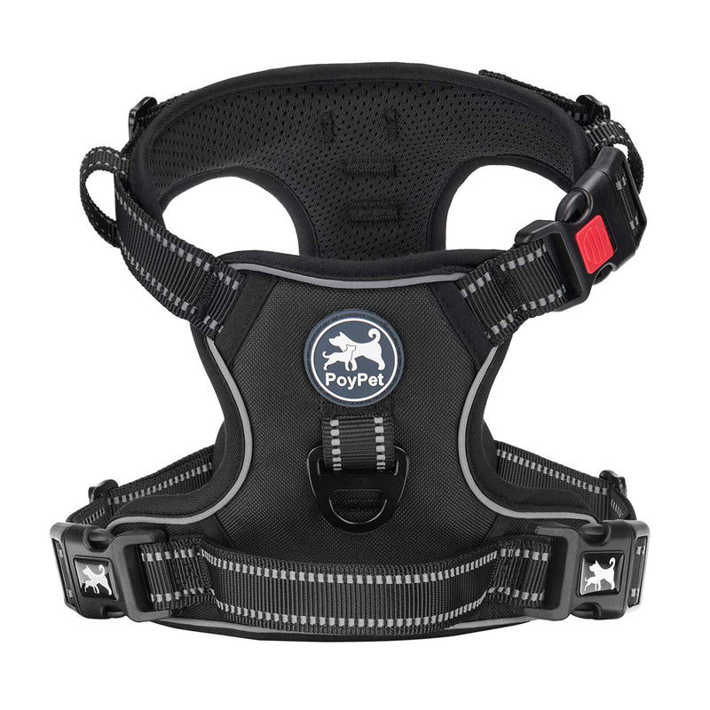 PoyPet No Pull Dog Harness, [Release at Neck] Reflective Adjustable No Choke Pet Vest with Front & Back 2 Leash Attachments, Soft Control Training Handle for Small Medium Large Dogs XS Black - PawsPlanet Australia