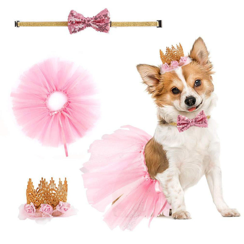 [Australia] - BINGPET Valentine Dog Wedding Dress Girl - Puppy Birthday Party Supplies - Cute Tutu Skirt Bowtie and Crown Hat Set, Pink Gift for Small Dogs Cat 