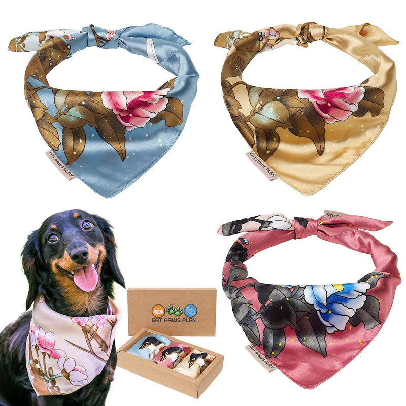 [Australia] - Eat Paws Play Dog Bandana - Designer 3 Piece Boy & Girl Boxed Sets - Take Your Dog’s Style to The Next Level - Washable & Adjustable – for Small Medium or Large Dogs or Puppy Cherry Blossoms 