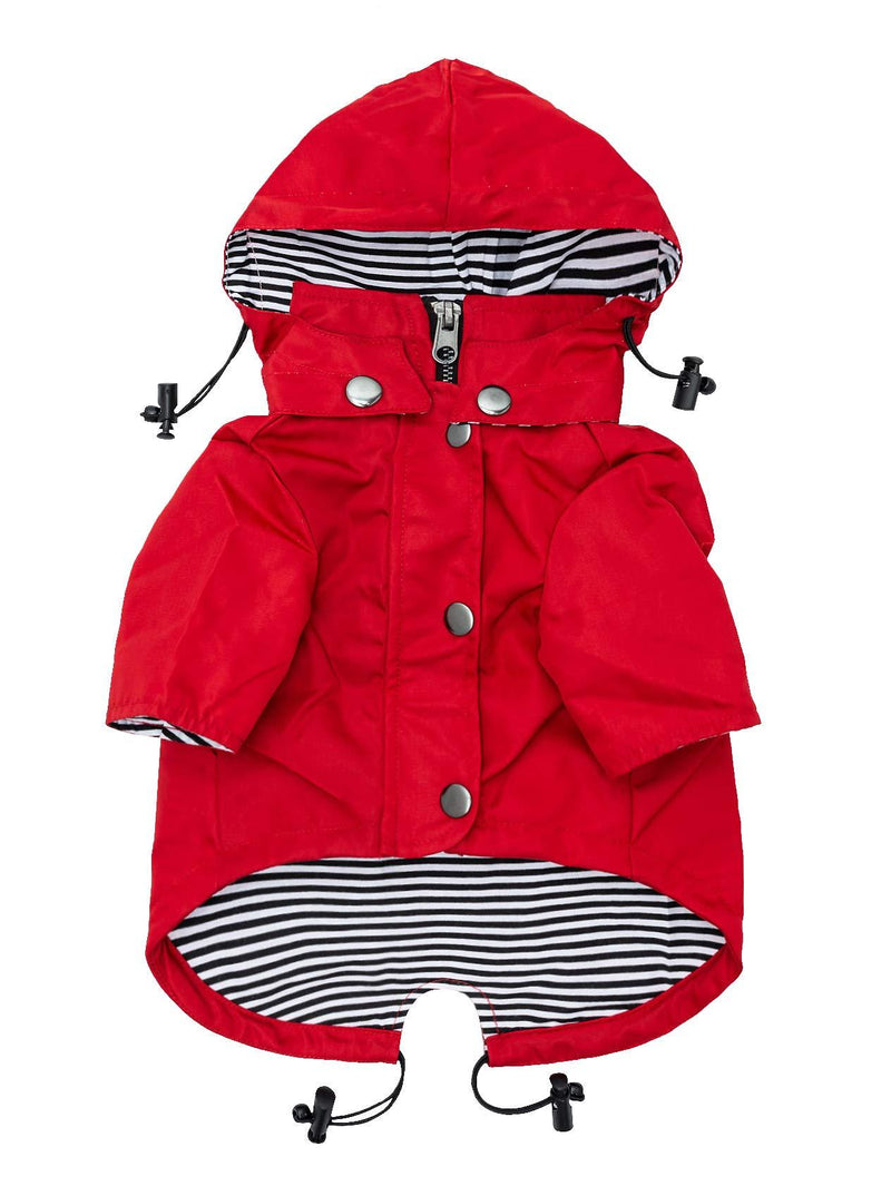 Ellie Dog Wear Red Zip Up Dog Raincoat with Reflective Buttons, Pockets, Water Resistant, Adjustable Drawstring, Removable Hoodie - Size XS to XXL Available - Stylish Premium Dog Raincoats XX-Small - PawsPlanet Australia