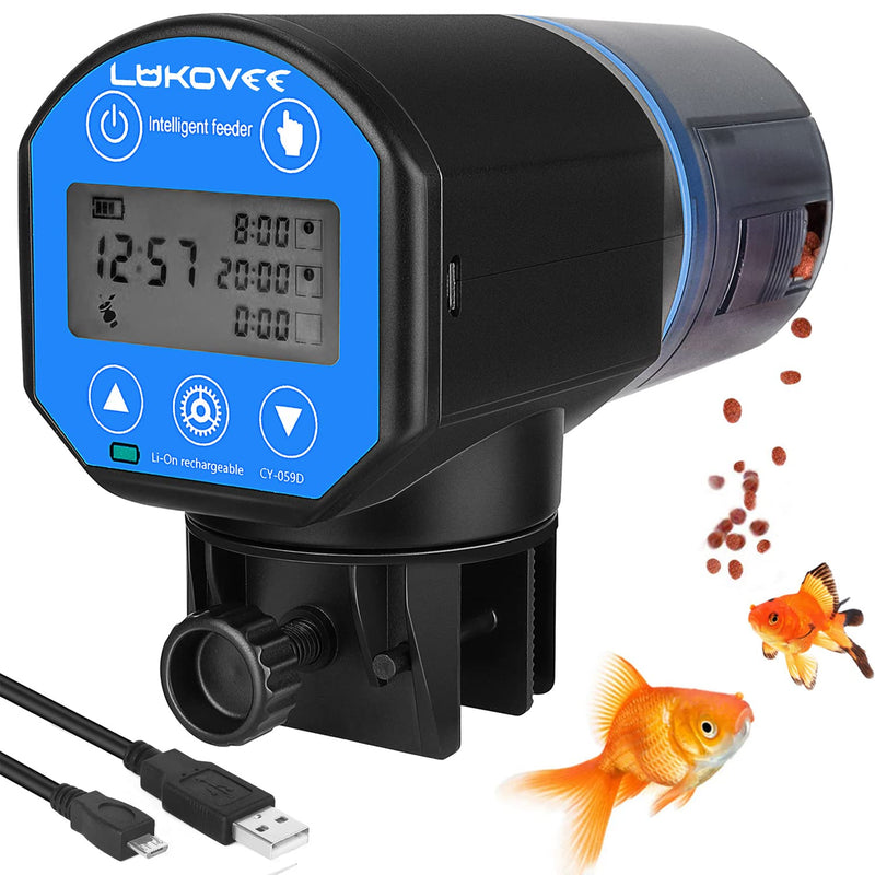 Lukovee Automatic Fish Feeder,New Generation Feeding Time Display USB Rechargeable Timer Moisture-Proof Aquarium or Fish Tank Food Dispenser with 200ML Large Capacity for Vacation Weekend Holiday 700mAh Battery Capacity Blue - with Scheduled Time Display - PawsPlanet Australia