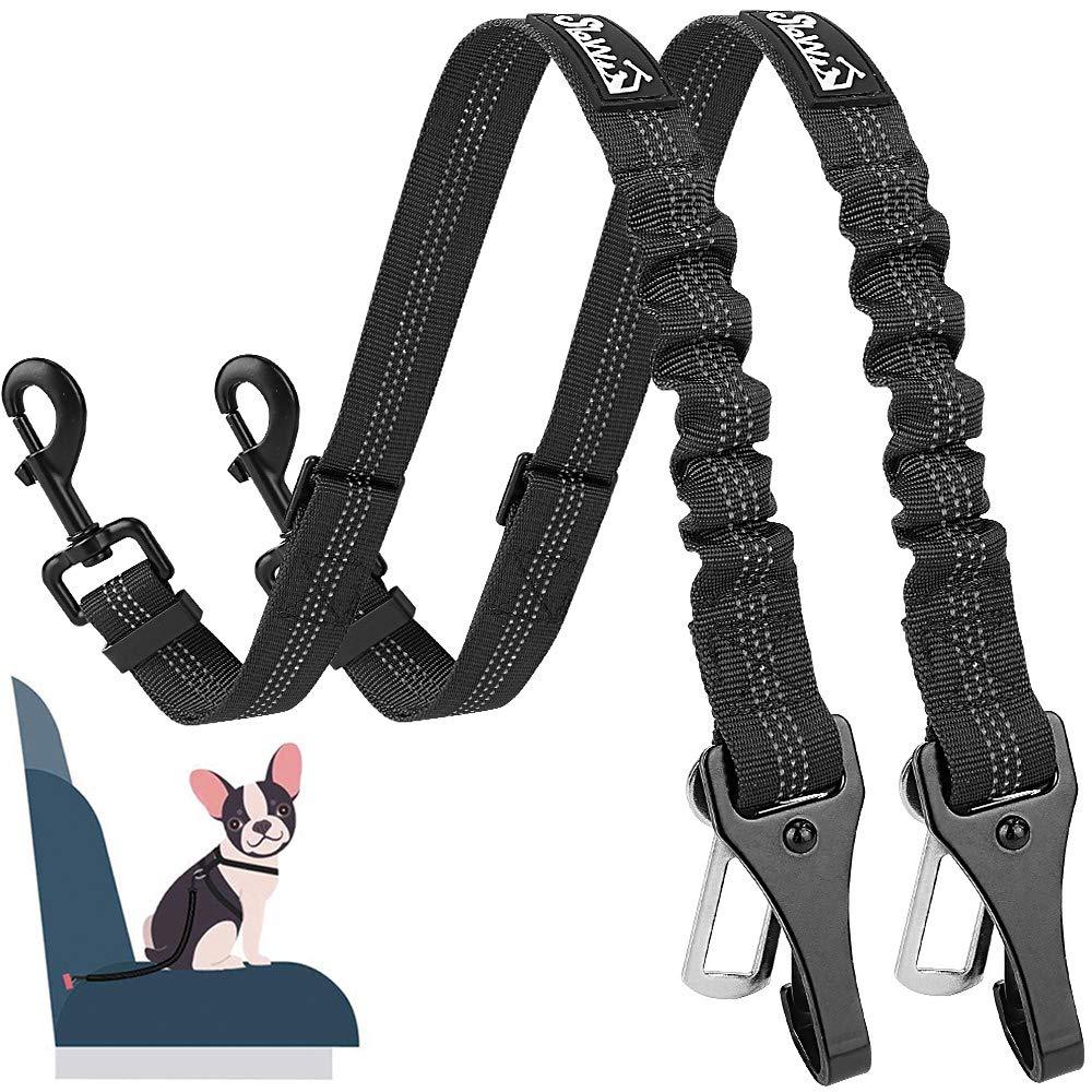 [Australia] - AutoWT Dog Seat Belt, Upgrade 2 in 1 Latch Bar Attachment Dog Car Seatbelt Metal Buckle Elastic Bungee Buffer Reflective Nylon Belt Tether Connect to Dog Harness for Pet Safety Black + Black 