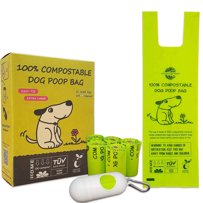 moonygreen Dog Poop Bag with Easy Tie Handles, Home Compostable Pet Waste Bags, Vegetable-Based Eco-Friendly, Unscented, Extra Thick and Long, Leak Proof, Fits for Dogs and Cat Scoops 4 x 16 Inches, with 1 Dispenser (60-count), Rolls - PawsPlanet Australia