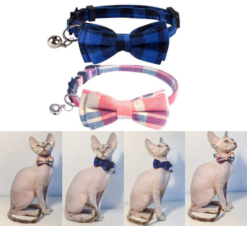 [Australia] - Adjustable Cat Collar Breakaway with Cute Bow Tie and Bell for Kitty Safety Pet Cat Collars Blue+Pink 