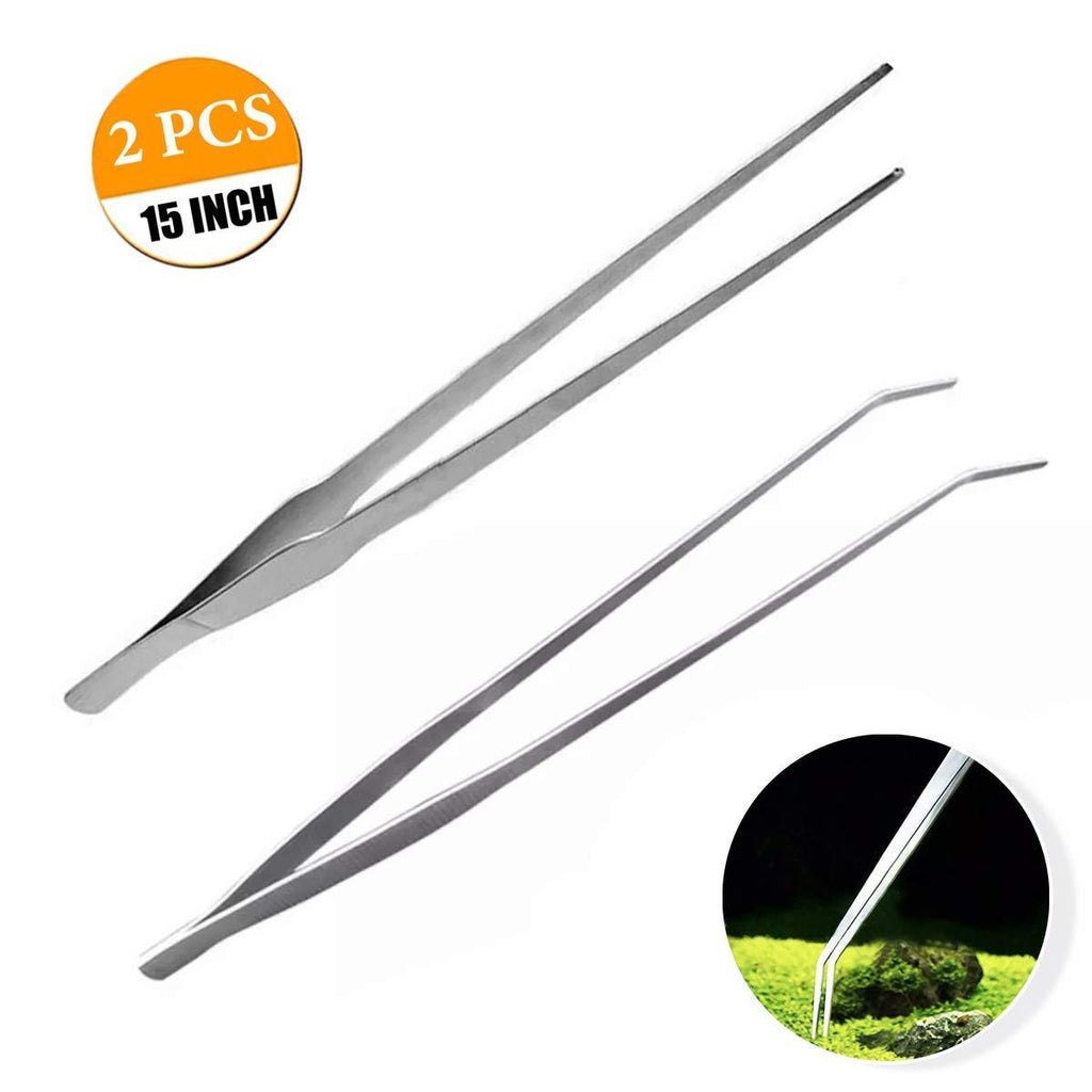 [Australia] - Tomato Palace 15” Aquarium Long Tweezers Stainless Steel Straight and Curved Tweezers Long Tongs for Fish Tank, Snake, Lizard and More Reptile Feeding (2 PCS) 