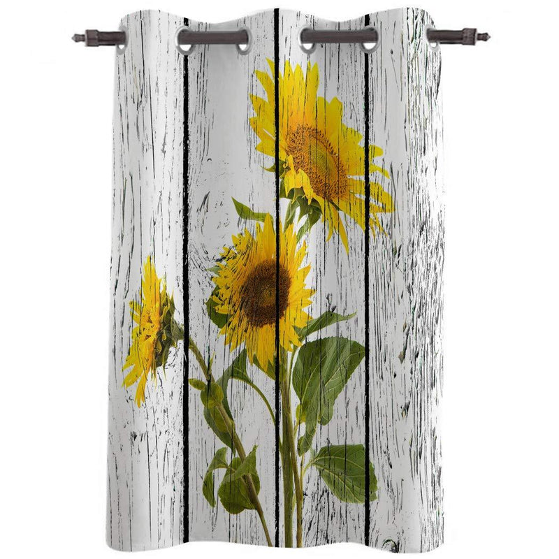 WARM TOUR Window Curtain Panel Rustic Sunflower Floral Vintage Wood Grain Printing Decor Durable Drapes for Bedroom Kitchen Living Room Yellow White 52''W×52''H Sunflowerfpd2422 - PawsPlanet Australia
