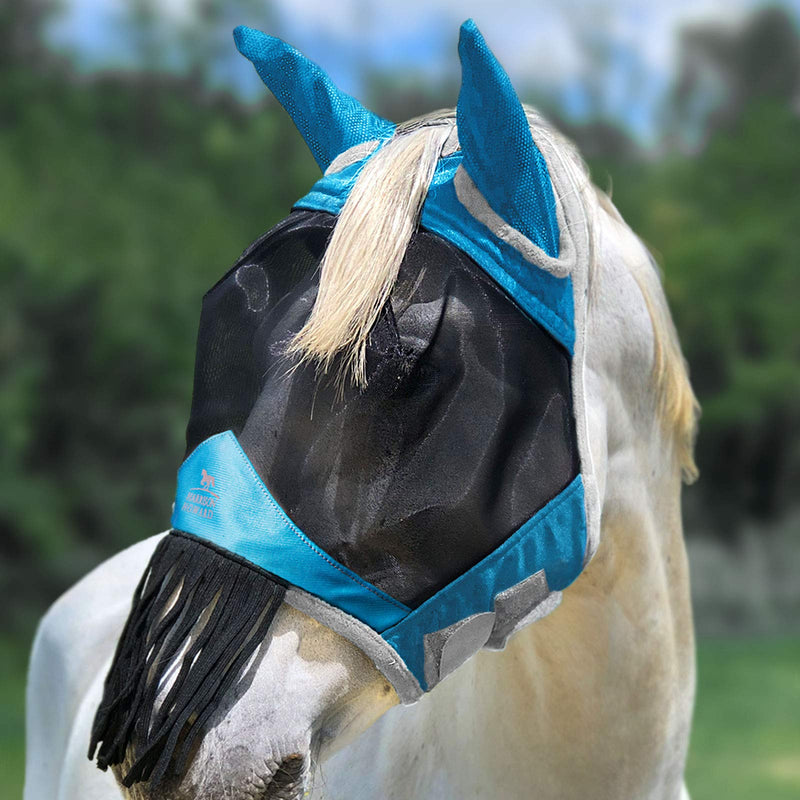 Harrison Howard CareMaster Horse Fly mask with Ears and Nose Fringe Fly Protector Defender Mask Voodoo Blue Cob (Medium) - PawsPlanet Australia