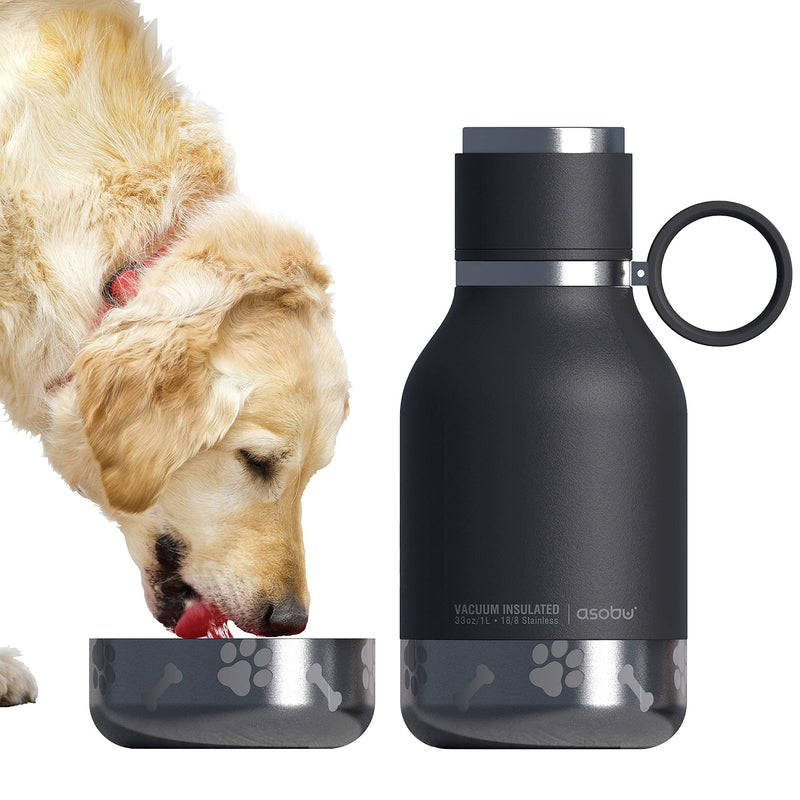 Asobu Dog - Pet Bowl Attached to Stainless Steel Insulated Travel Water Bottle 33 Ounce (Black) Black - PawsPlanet Australia