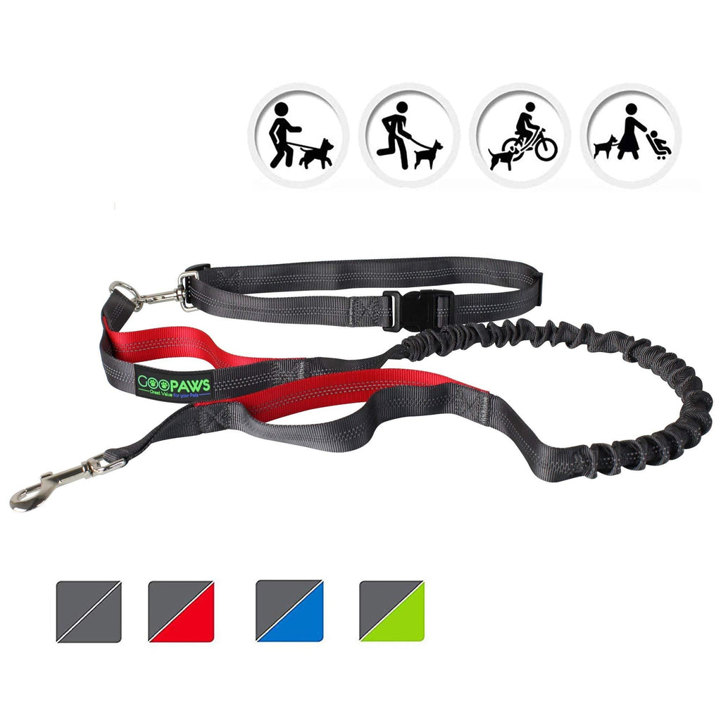 [Australia] - JESPET Hands Free Dog Leash for Hiking, Running and Walking, Dual-Handle Bungee Leash with Adjustable Waist Belt for Medium & Large Dogs Gray & Red 