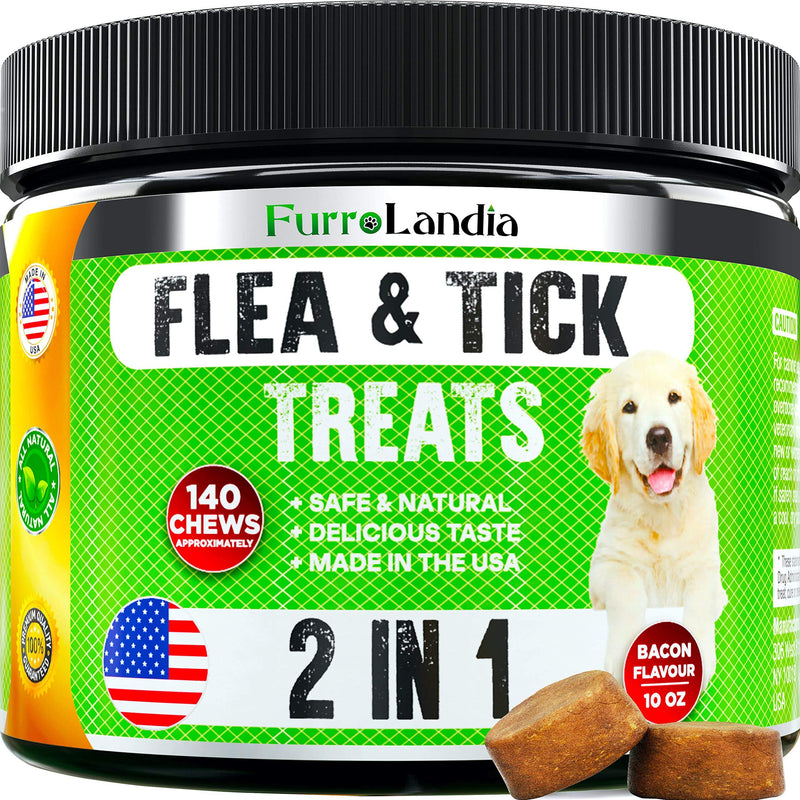 FurroLandia Chewable Flea & Tick Treats for Dogs - Made in USA - 140 Soft Chews - Natural Flea and Tick Supplement for Dogs | No Mess | No Collars - Bacon Flavor - PawsPlanet Australia