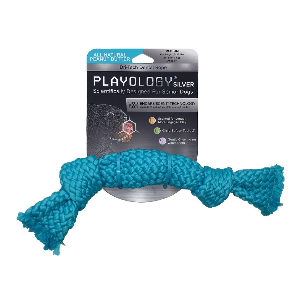 Playology Silver - Dental Rope Dog Toy - Designed for Senior Dogs - Engaging All-Natural Scent Medium (15-35 lbs) Peanut Butter - PawsPlanet Australia