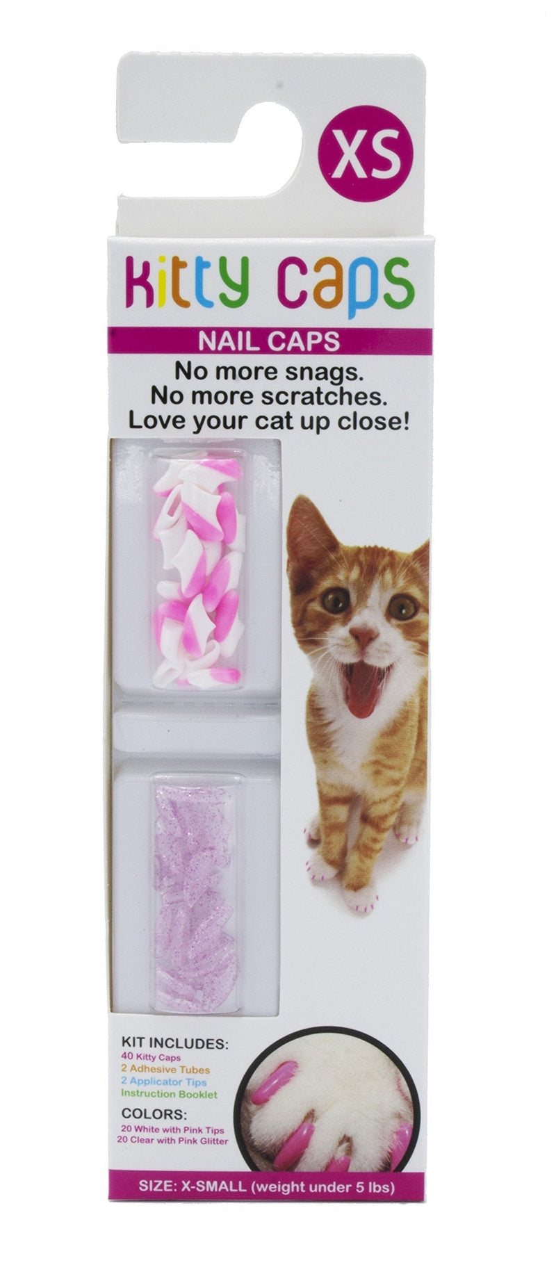 Kitty Caps Nail Caps for Cats | White with Pink Tips & Clear with Pink Glitter, 40 Count, Available in Multiple Sizes| Safe, Stylish & Humane Alternative to Declawing | Stops Snags and Scratches X-Small (Under 5 lbs) X-Small (Under 5 lbs) - PawsPlanet Australia