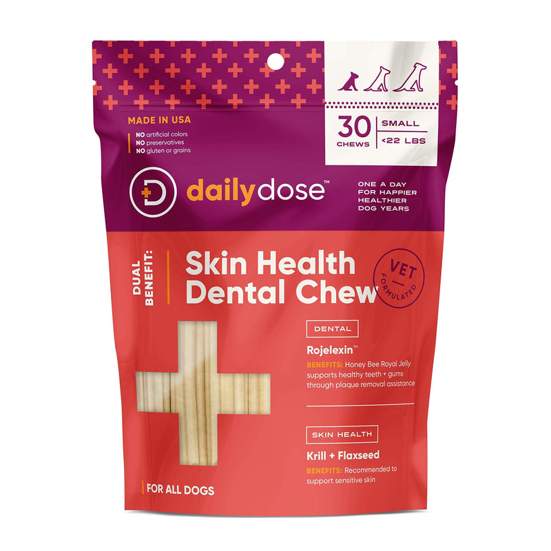 dailydose Dual Benefit Dog Dental Chews | Vet-Formulated Dental Treat + Daily Supplement | Calming, Joint, Skin, Heart Varieties | Removes Plaque for Healthy Teeth & Gums | Made in USA Small (under 22 lbs.) Dental + Skin - PawsPlanet Australia