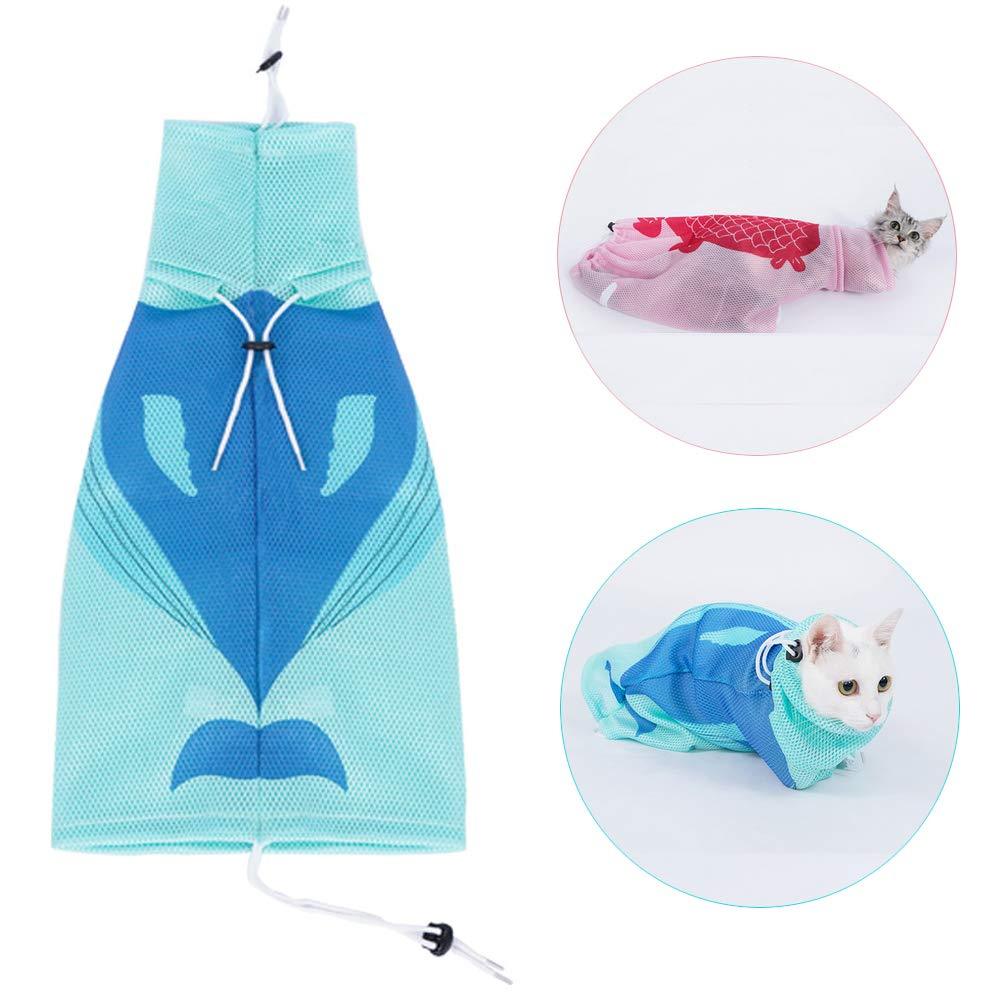 [Australia] - PUMYPOREITY Cute Cat Grooming Bag, Soft Mesh Bath Bag with Adjustable Drawstring, Multiuse Breathable Anti-Bite/Scratch Cat Restraint Bag for Shower/Nail Trimming/Examining/Ear Clean/Injecting Blue Whale 