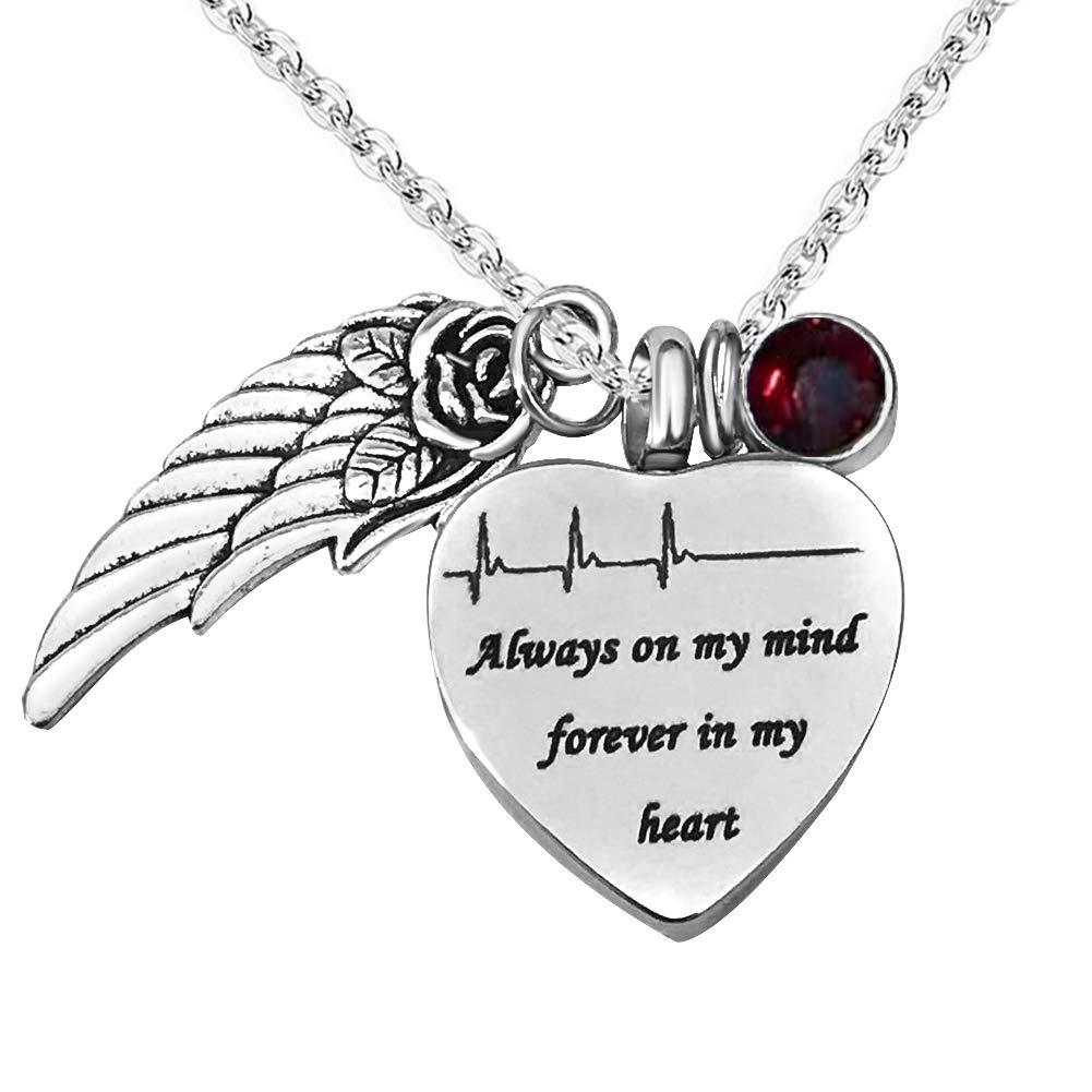 [Australia] - JMQJewelry Urn Necklaces for Ashes Heartbeat Forever in My Heart Angel Wing Cremation Jewelry Keepsake Memorial Jan-Dec Birthstone Crystal 